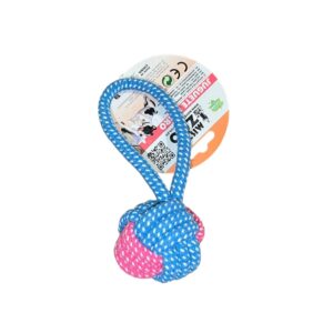 Pelota de cuerda azul y rosa para perros.